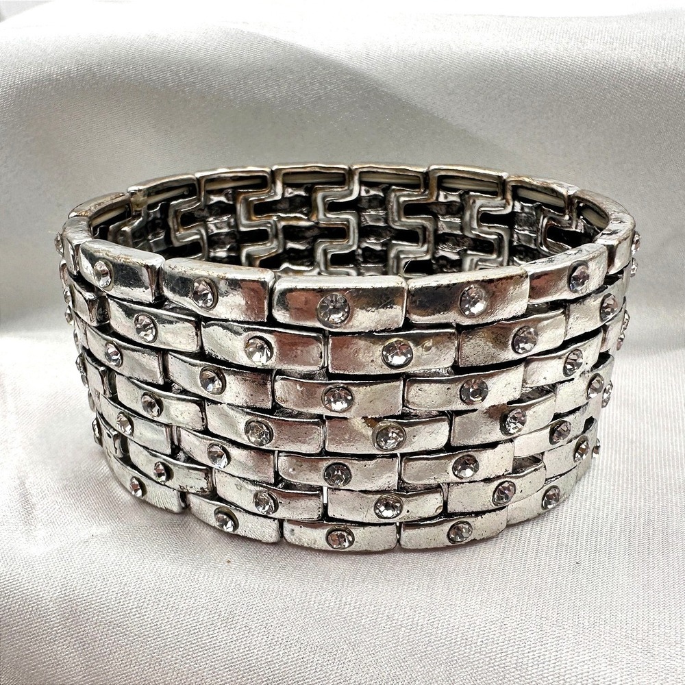 Vintage 90s Silver Tone Wide‎ Stretch Bracelet Clear Glass Accents Boho Chunky